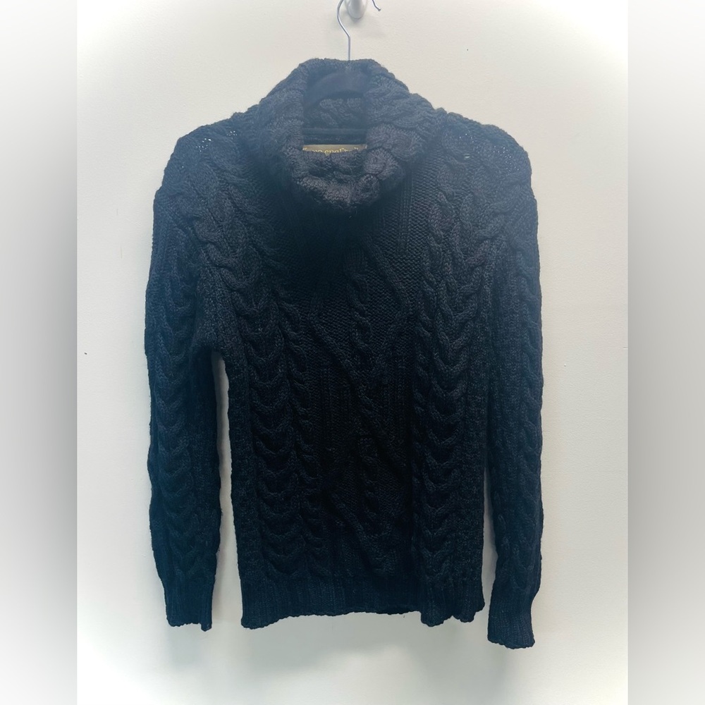 Inis Crafts Black Cable Knit Turtleneck Fisherman’s Sweater Merino Wool Size S